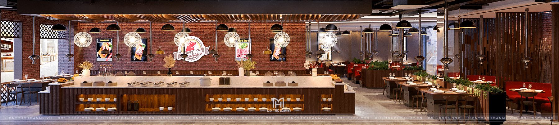 Phối cảnh toàn cảnh nhà hàng nướng Hàn Quốc Meat Plus với quầy buffet