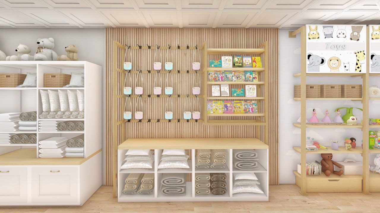 Bài trí nội thất gọn gàng trong shop mẹ và bé