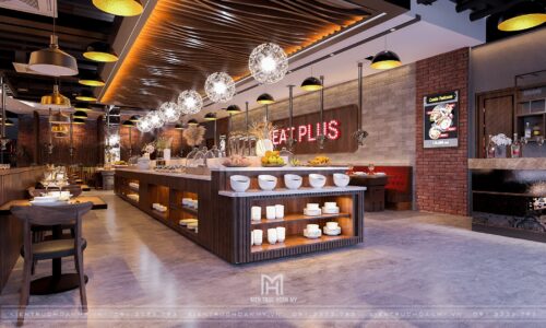 Thiết kế nhà hàng nướng Hàn Quốc Meat Plus 290 m² trong Lotte Mall: mặt bằng xoay quanh quầy buffet