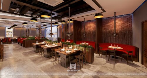 Thiết kế nhà hàng nướng Hàn Quốc Meat Plus 290 m² trong Lotte Mall: mặt bằng xoay quanh quầy buffet