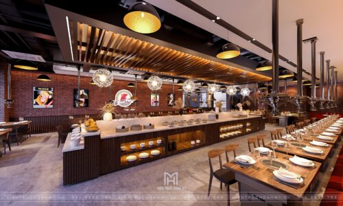 Thiết kế nhà hàng nướng Hàn Quốc Meat Plus 290 m² trong Lotte Mall: mặt bằng xoay quanh quầy buffet