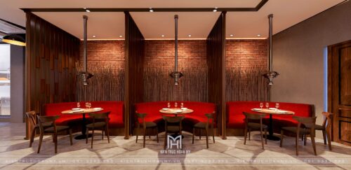 Thiết kế nhà hàng nướng Hàn Quốc Meat Plus 290 m² trong Lotte Mall: mặt bằng xoay quanh quầy buffet
