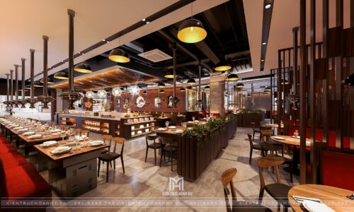 Thiết kế nhà hàng nướng Hàn Quốc Meat Plus 290 m² trong Lotte Mall: mặt bằng xoay quanh quầy buffet