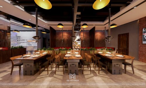 Thiết kế nhà hàng nướng Hàn Quốc Meat Plus 290 m² trong Lotte Mall: mặt bằng xoay quanh quầy buffet