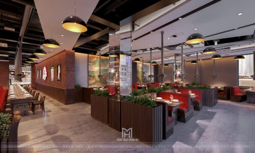 Thiết kế nhà hàng nướng Hàn Quốc Meat Plus 290 m² trong Lotte Mall: mặt bằng xoay quanh quầy buffet
