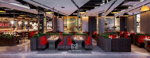 Thiết kế nhà hàng nướng Hàn Quốc Meat Plus 290 m² trong Lotte Mall: mặt bằng xoay quanh quầy buffet