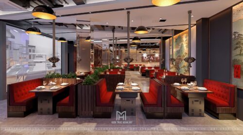 Thiết kế nhà hàng nướng Hàn Quốc Meat Plus 290 m² trong Lotte Mall: mặt bằng xoay quanh quầy buffet