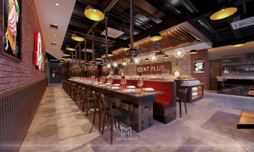Thiết kế nhà hàng nướng Hàn Quốc Meat Plus 290 m² trong Lotte Mall: mặt bằng xoay quanh quầy buffet