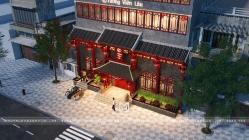 Thiết kế mặt tiền nhà hàng Trung Hoa Tường Viên Lâu tại Bắc Ninh: cổng mái ngói, cửa song gỗ đỏ và đèn lồng
