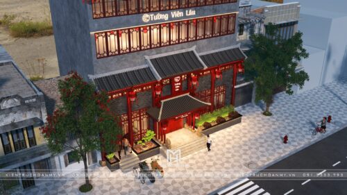 Thiết kế mặt tiền nhà hàng Trung Hoa Tường Viên Lâu tại Bắc Ninh: cổng mái ngói, cửa song gỗ đỏ và đèn lồng