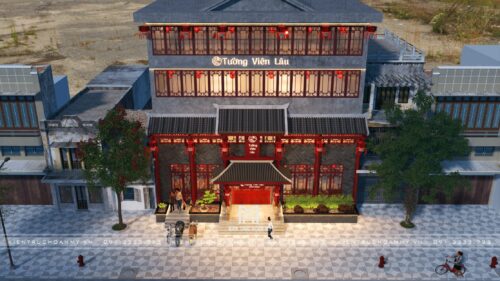 Thiết kế mặt tiền nhà hàng Trung Hoa Tường Viên Lâu tại Bắc Ninh: cổng mái ngói, cửa song gỗ đỏ và đèn lồng