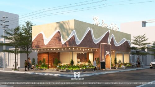 Thiết kế quán cà phê The Sun Coffee tại Pleiku: mặt tiền mái lượn sóng cho quán 800 m²