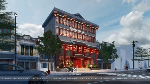 Thiết kế mặt tiền nhà hàng Trung Hoa Tường Viên Lâu tại Bắc Ninh: cổng mái ngói, cửa song gỗ đỏ và đèn lồng