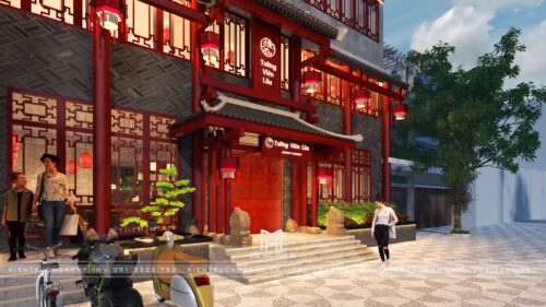 Thiết kế mặt tiền nhà hàng Trung Hoa Tường Viên Lâu tại Bắc Ninh: cổng mái ngói, cửa song gỗ đỏ và đèn lồng