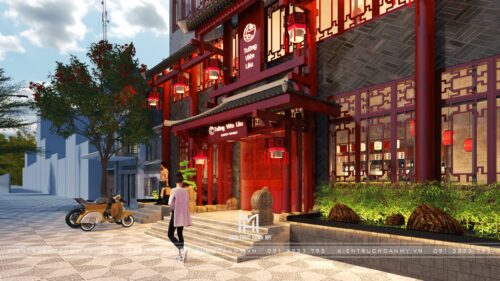 Thiết kế mặt tiền nhà hàng Trung Hoa Tường Viên Lâu tại Bắc Ninh: cổng mái ngói, cửa song gỗ đỏ và đèn lồng