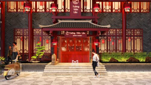 Thiết kế mặt tiền nhà hàng Trung Hoa Tường Viên Lâu tại Bắc Ninh: cổng mái ngói, cửa song gỗ đỏ và đèn lồng
