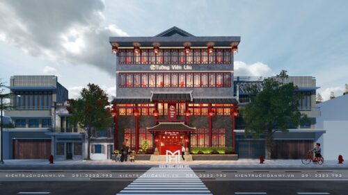 Thiết kế mặt tiền nhà hàng Trung Hoa Tường Viên Lâu tại Bắc Ninh: cổng mái ngói, cửa song gỗ đỏ và đèn lồng
