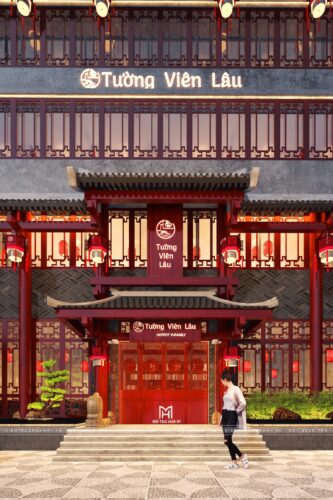 Thiết kế mặt tiền nhà hàng Trung Hoa Tường Viên Lâu tại Bắc Ninh: cổng mái ngói, cửa song gỗ đỏ và đèn lồng