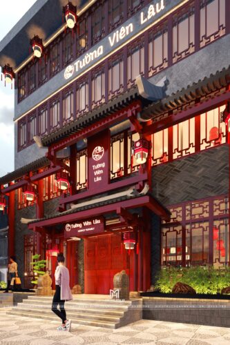 Thiết kế mặt tiền nhà hàng Trung Hoa Tường Viên Lâu tại Bắc Ninh: cổng mái ngói, cửa song gỗ đỏ và đèn lồng