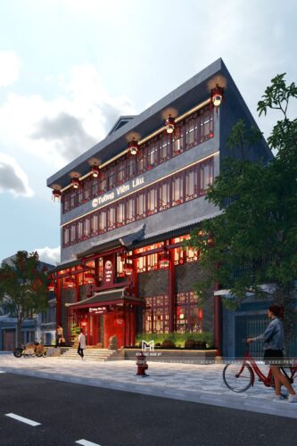 Thiết kế mặt tiền nhà hàng Trung Hoa Tường Viên Lâu tại Bắc Ninh: cổng mái ngói, cửa song gỗ đỏ và đèn lồng