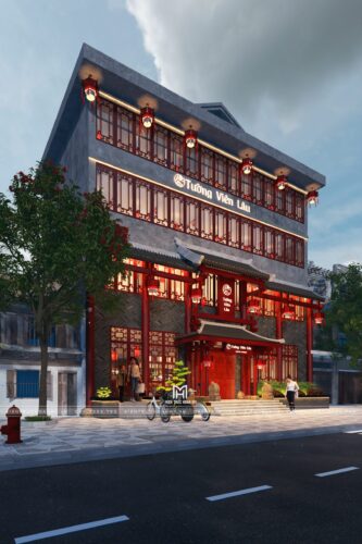 Thiết kế mặt tiền nhà hàng Trung Hoa Tường Viên Lâu tại Bắc Ninh: cổng mái ngói, cửa song gỗ đỏ và đèn lồng