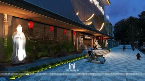 Thiết kế và thi công nhà hàng chay Vô Trần Chay tại Đà Nẵng: mặt tiền 350 m² mang tinh thần Á Đông bằng lam và ánh sáng