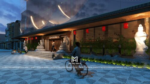 Thiết kế và thi công nhà hàng chay Vô Trần Chay tại Đà Nẵng: mặt tiền 350 m² mang tinh thần Á Đông bằng lam và ánh sáng