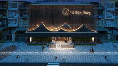 Thiết kế và thi công nhà hàng chay Vô Trần Chay tại Đà Nẵng: mặt tiền 350 m² mang tinh thần Á Đông bằng lam và ánh sáng
