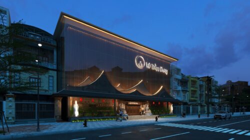 Thiết kế và thi công nhà hàng chay Vô Trần Chay tại Đà Nẵng: mặt tiền 350 m² mang tinh thần Á Đông bằng lam và ánh sáng