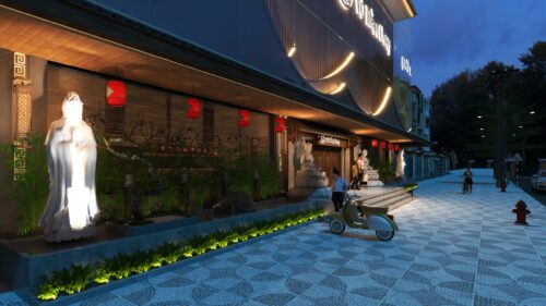 Thiết kế và thi công nhà hàng chay Vô Trần Chay tại Đà Nẵng: mặt tiền 350 m² mang tinh thần Á Đông bằng lam và ánh sáng