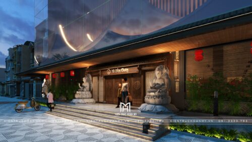 Thiết kế và thi công nhà hàng chay Vô Trần Chay tại Đà Nẵng: mặt tiền 350 m² mang tinh thần Á Đông bằng lam và ánh sáng