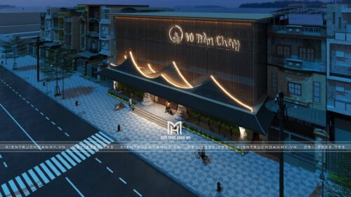 Thiết kế và thi công nhà hàng chay Vô Trần Chay tại Đà Nẵng: mặt tiền 350 m² mang tinh thần Á Đông bằng lam và ánh sáng