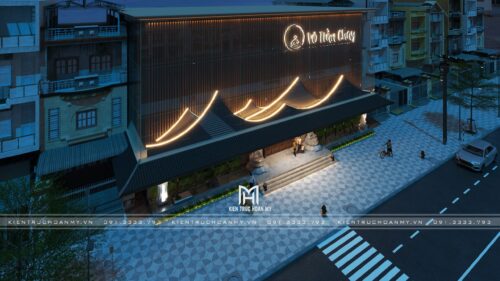 Thiết kế và thi công nhà hàng chay Vô Trần Chay tại Đà Nẵng: mặt tiền 350 m² mang tinh thần Á Đông bằng lam và ánh sáng