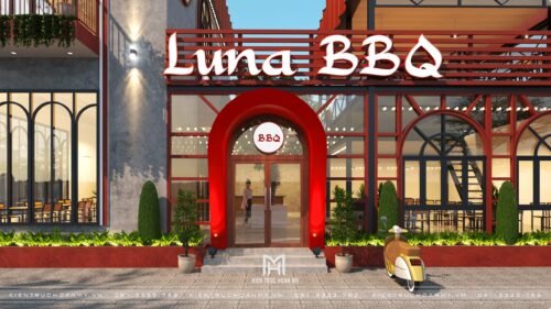 Thiết kế nhà hàng khung thép 2 tầng Luna BBQ tại Đà Nẵng: mái đỏ và vòm cửa nhận diện ở góc phố