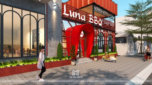 Thiết kế nhà hàng khung thép 2 tầng Luna BBQ tại Đà Nẵng: mái đỏ và vòm cửa nhận diện ở góc phố