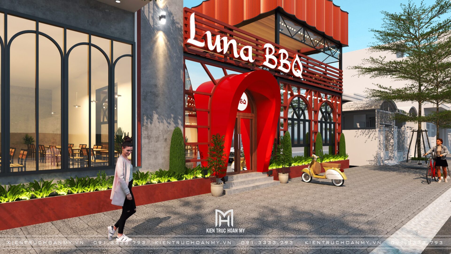Lối vào vòm cong đỏ và cửa kính khung vòm nhà hàng Luna BBQ