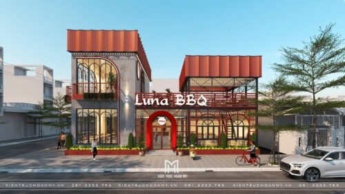 Thiết kế nhà hàng khung thép 2 tầng Luna BBQ tại Đà Nẵng: mái đỏ và vòm cửa nhận diện ở góc phố