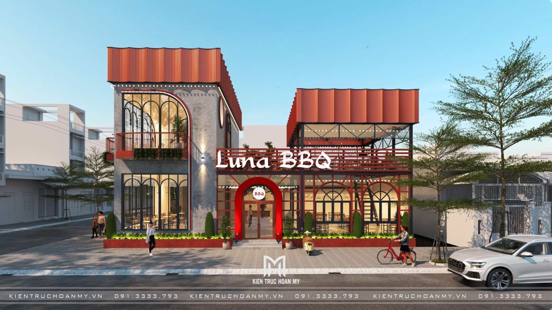 Mặt đứng nhà hàng khung thép 2 tầng Luna BBQ Đà Nẵng