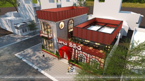 Thiết kế nhà hàng khung thép 2 tầng Luna BBQ tại Đà Nẵng: mái đỏ và vòm cửa nhận diện ở góc phố