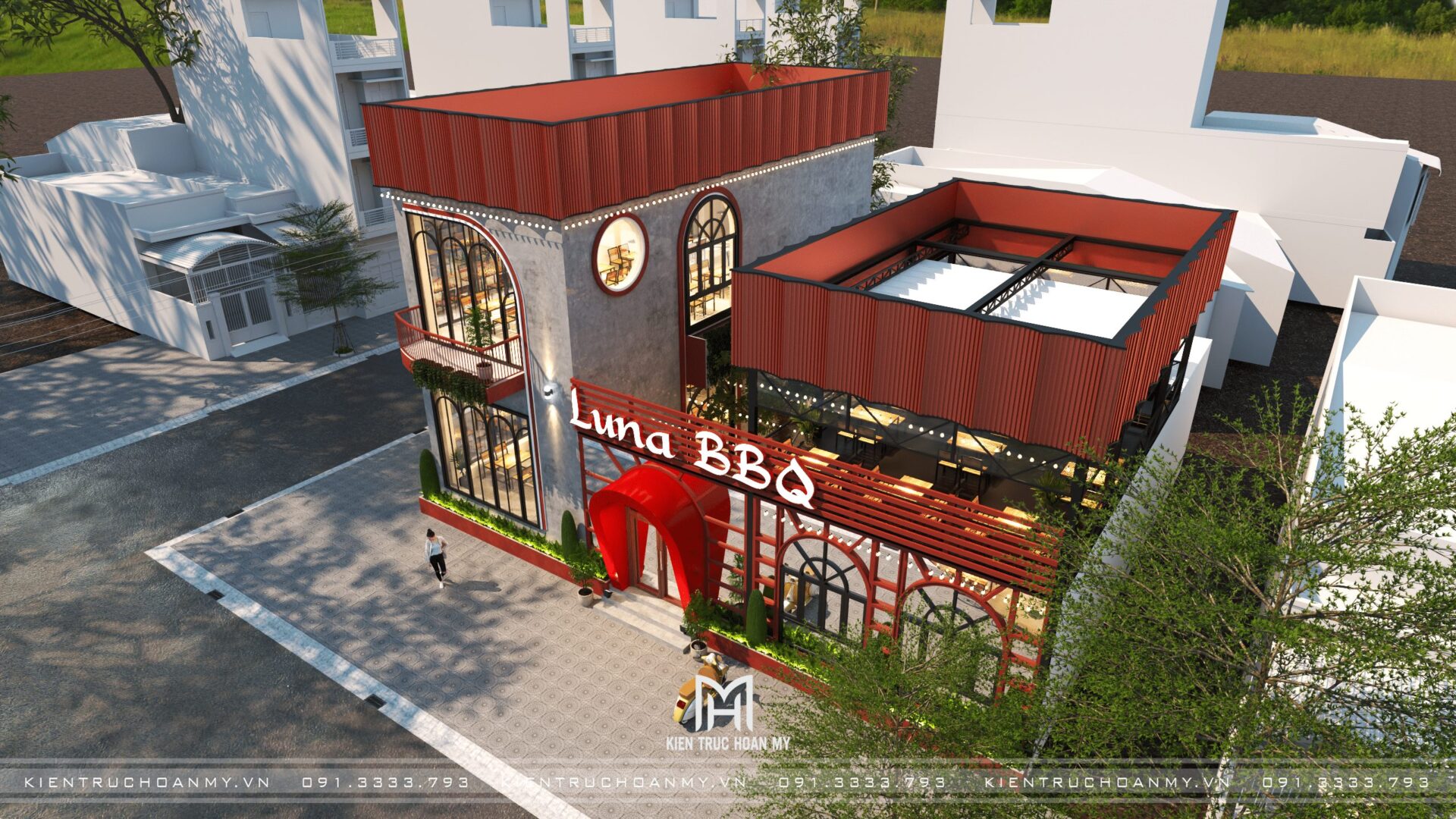 Phối cảnh trên cao hai khối mái đỏ nhà hàng Luna BBQ