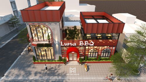 Thiết kế nhà hàng khung thép 2 tầng Luna BBQ tại Đà Nẵng: mái đỏ và vòm cửa nhận diện ở góc phố