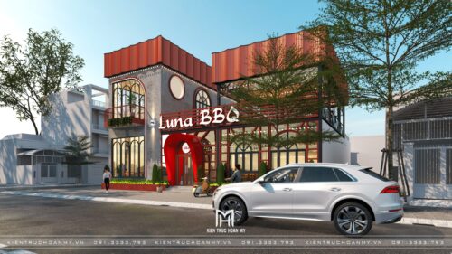 Thiết kế nhà hàng khung thép 2 tầng Luna BBQ tại Đà Nẵng: mái đỏ và vòm cửa nhận diện ở góc phố