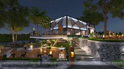 Phương án thiết kế quán cà phê sân vườn ven hồ Brand Coffee: nhà kính khung thép giữa vườn cây