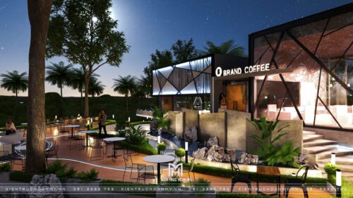 Phương án thiết kế quán cà phê sân vườn ven hồ Brand Coffee: nhà kính khung thép giữa vườn cây