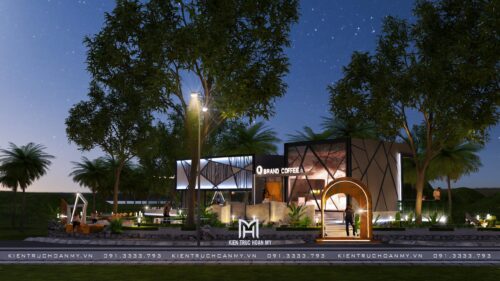 Phương án thiết kế quán cà phê sân vườn ven hồ Brand Coffee: nhà kính khung thép giữa vườn cây
