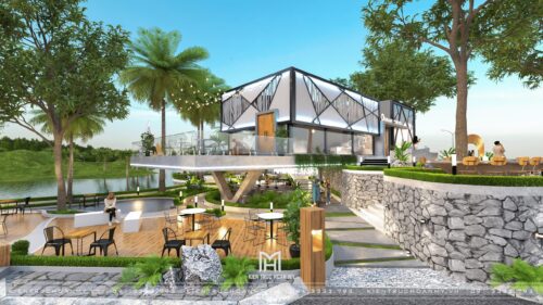 Phương án thiết kế quán cà phê sân vườn ven hồ Brand Coffee: nhà kính khung thép giữa vườn cây