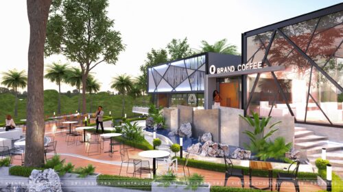 Phương án thiết kế quán cà phê sân vườn ven hồ Brand Coffee: nhà kính khung thép giữa vườn cây