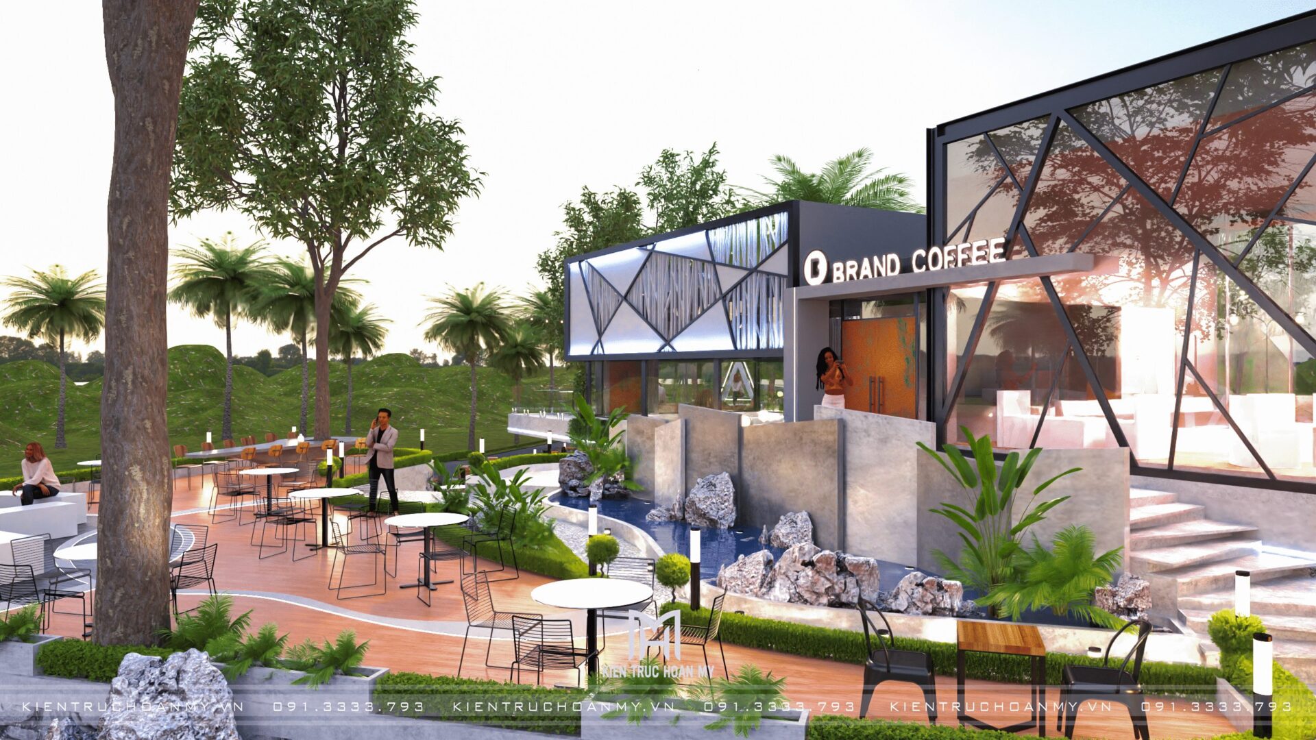 Khối nhà kính khung thép với biển hiệu Brand Coffee nhìn từ sân vườn