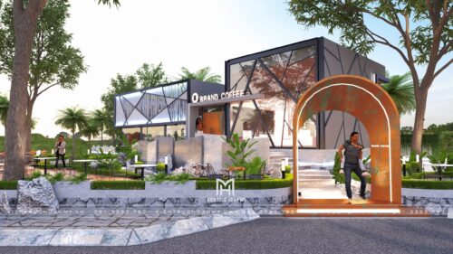 Phương án thiết kế quán cà phê sân vườn ven hồ Brand Coffee: nhà kính khung thép giữa vườn cây