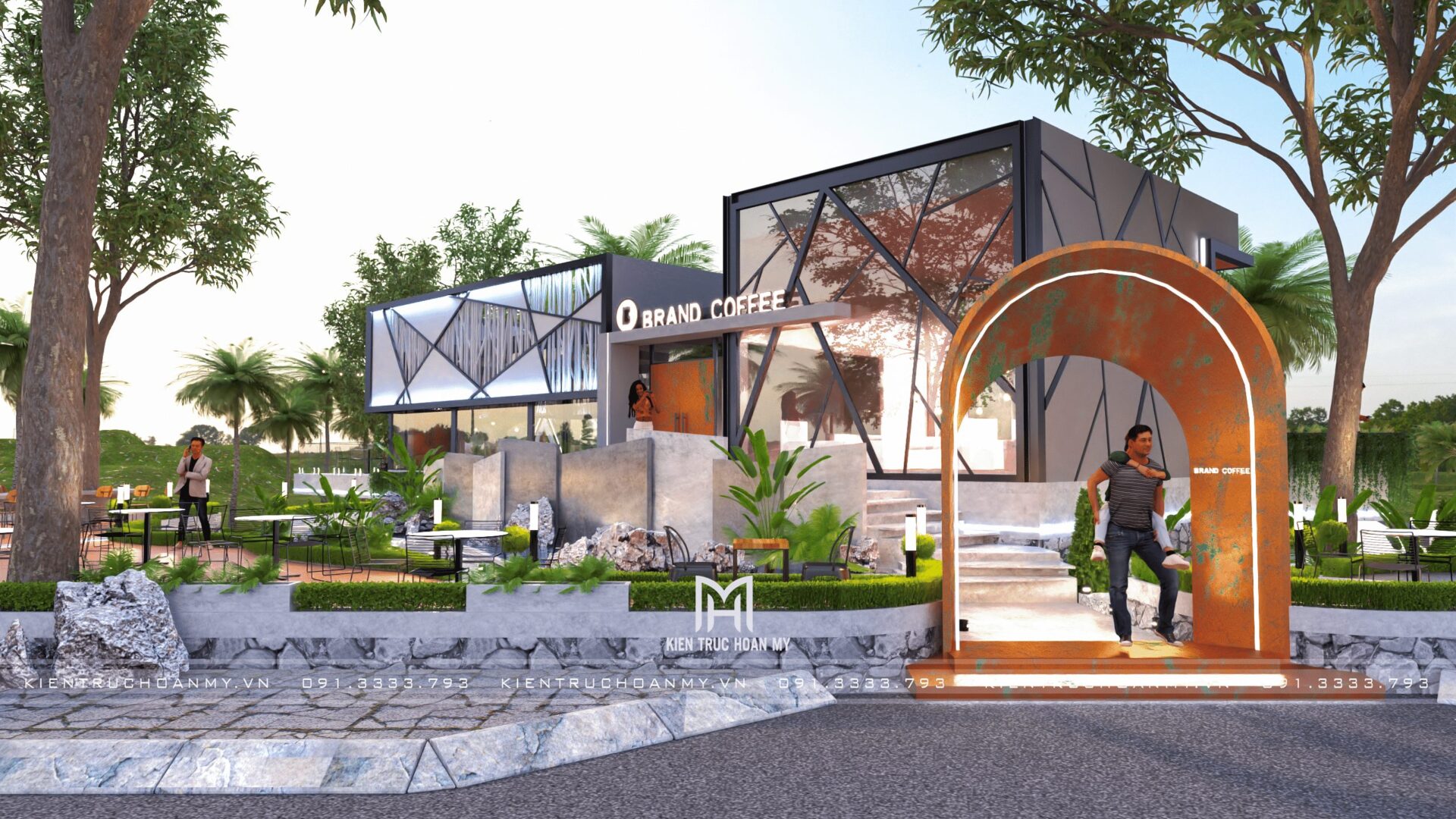 Cổng vòm thép dẫn vào phương án quán cà phê sân vườn Brand Coffee